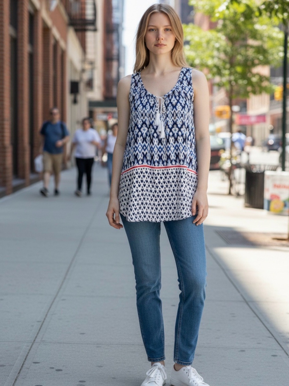Sleeveless Blue and White Printed Tie-Front Tank Top faded glory small
